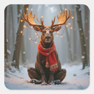 Weihnachts-Elch mit Schal und Lichtern Quadratischer Aufkleber