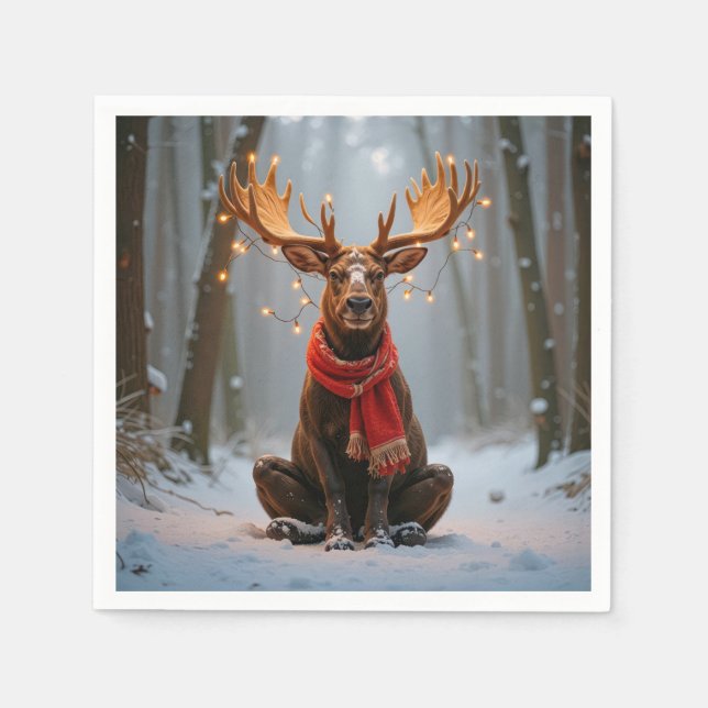 Weihnachts-Elch mit Schal und Lichtern Serviette (Vorderseite)