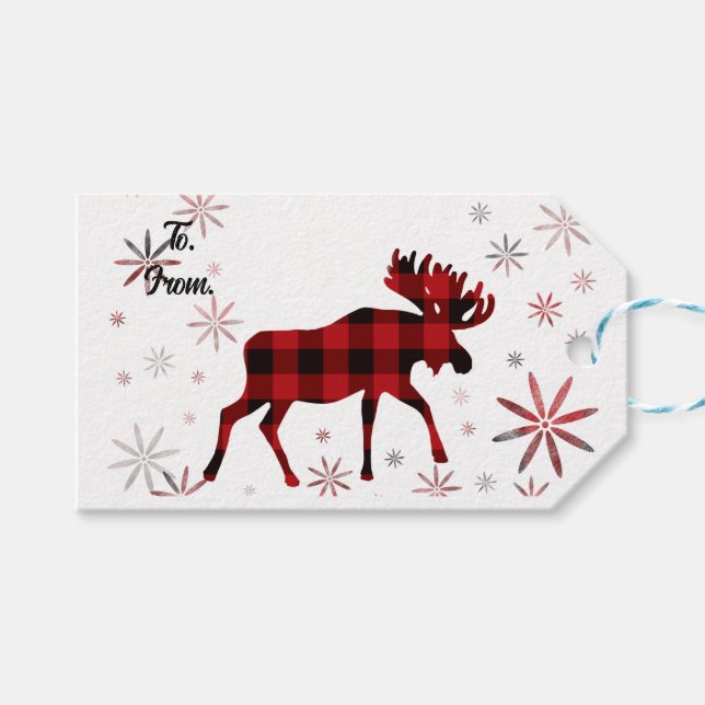 Weihnachts Elche rote Pollen Schneeflocken Geschenkanhänger (Vorderseite (Horizontal))