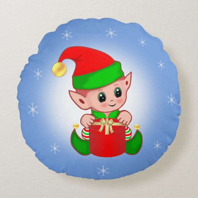 Weihnachts-Elf auf Light Blue Round Pillow Rundes Kissen (Vorderseite)