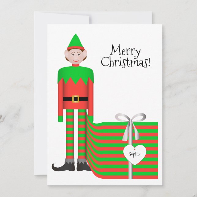 Weihnachts-Elf-Flachkarte - gestreiftes Geschenkpa Feiertagskarte (Vorderseite)
