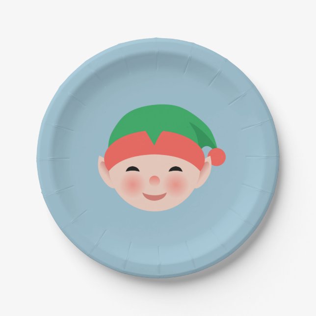 Weihnachts-Elf in einem grünen Hut auf Light Blue Pappteller (Vorderseite)