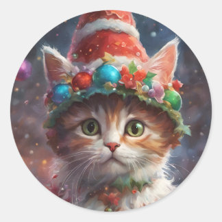 Weihnachts Elf Kitty, Holiday Kitten Cat, Pet Runder Aufkleber