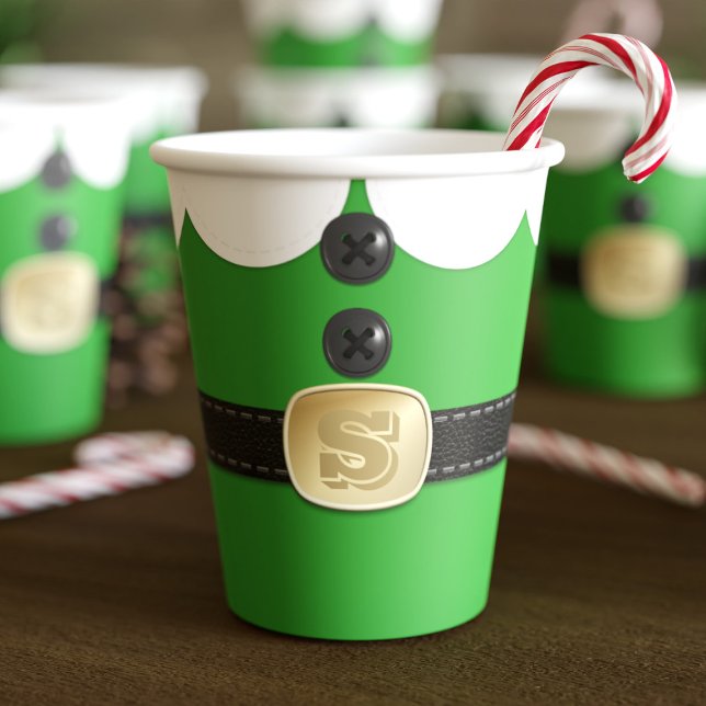 Weihnachts-Elf-Kostüm-Feiertage-Papier Cups Pappbecher (Fun and festive paper cups inspired by a Christmas elf. Just add your initial to the belt)