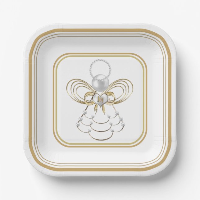 Weihnachts Engel der Freude Pearls Gold Filigree Pappteller (Vorderseite)