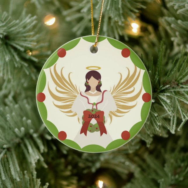 Weihnachts-Engel Red Green Holly Wreath Jahr 2024 Keramik Ornament (Baum)
