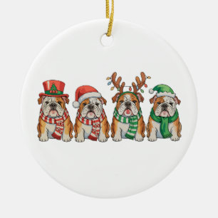 Weihnachts-Englisch-Bulldogge-Hund-Santa-Hut-Renti Keramik Ornament