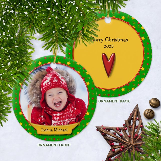 Weihnachts-Erinnerungen - Herz und Sterne Keramik Ornament (Whimsical Ceramic Photo Keepsake Ornament with Year )