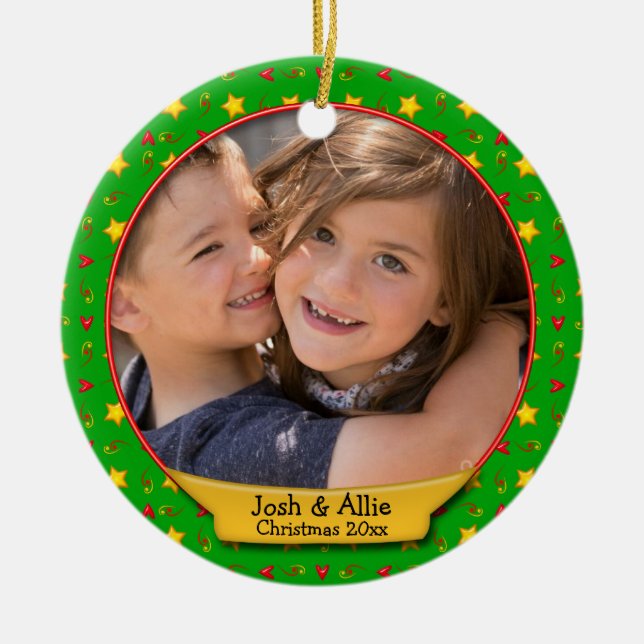 Weihnachts-Erinnerungen - Herz und Sterne Keramik Ornament (Vorne)