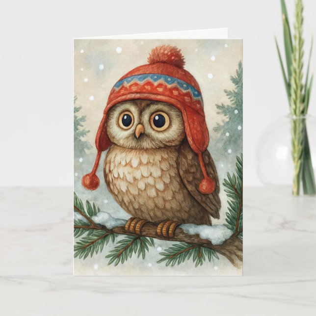 Weihnachts-Eule mit Winterhut Karte (Vorderseite)