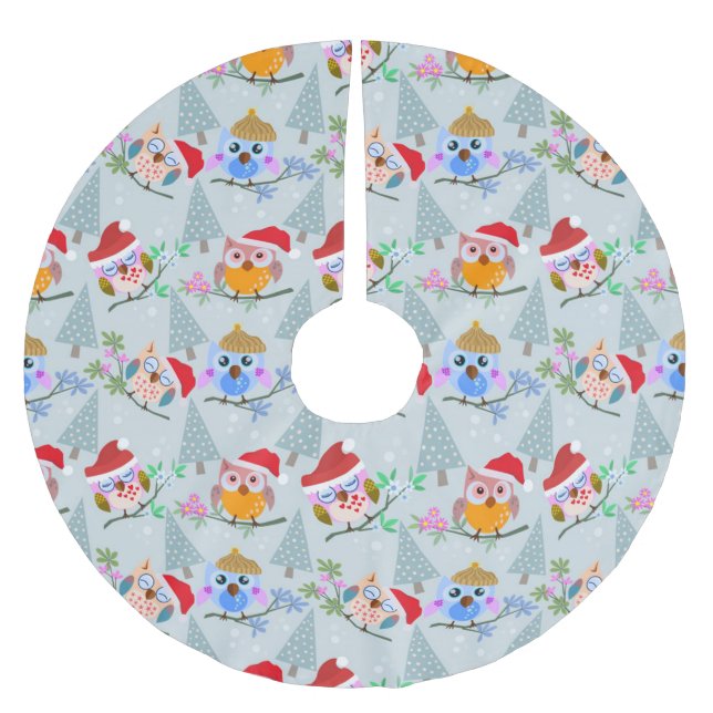 Weihnachts-Eulen-Muster Polyester Weihnachtsbaumdecke (Vorderseite)
