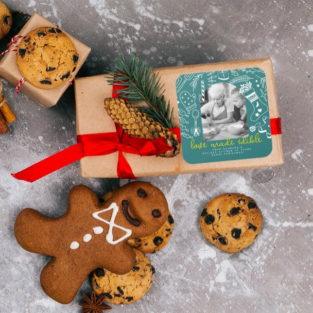 Weihnachts-Feiertag Backen Grünes Foto Quadratischer Aufkleber (Von Creator hochgeladen)