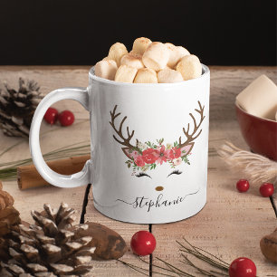 Weihnachts-Feiertags-Rentier-Blumen personalisiert Kaffeetasse