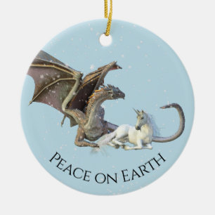 Weihnachts-Fest-Drache-Einhorn-Frieden auf Erden Keramik Ornament
