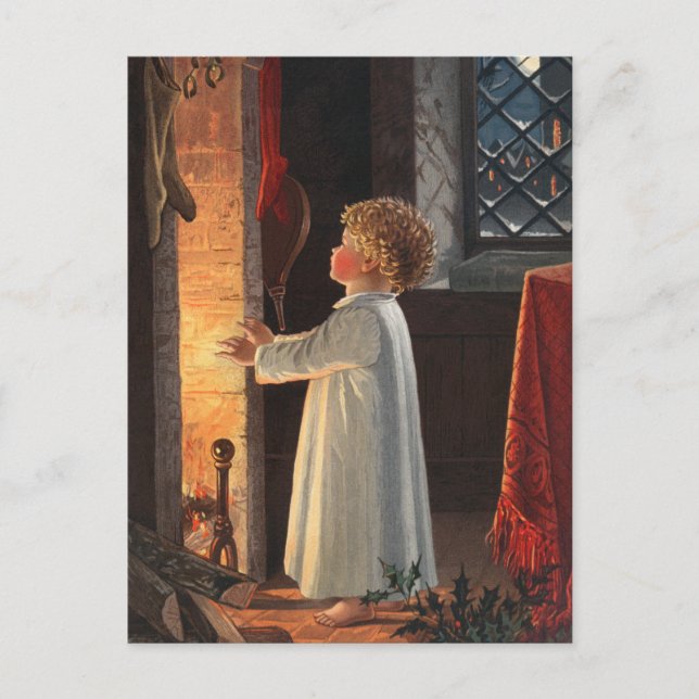 Weihnachts-Feuerplatz, Strümpfe und Kinderurlaub Feiertagspostkarte (Vorderseite)