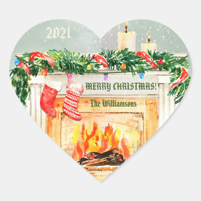 Weihnachts-Feuerplatz Szene Schneeglobe-Effekt Nam Herz-Aufkleber (Vorderseite)