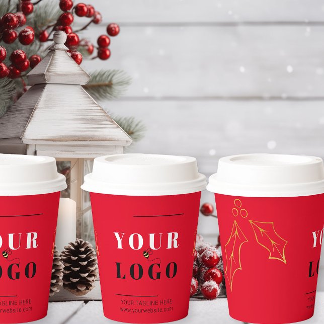 Weihnachts-Firmenlogo Red Holly Pappbecher (Logo branded Christmas takeout coffee cups)