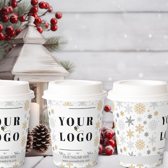 Weihnachts-Firmenlogo Winterschneeflocke Gemustert Pappbecher (Logo branded Christmas takeout coffee cups)