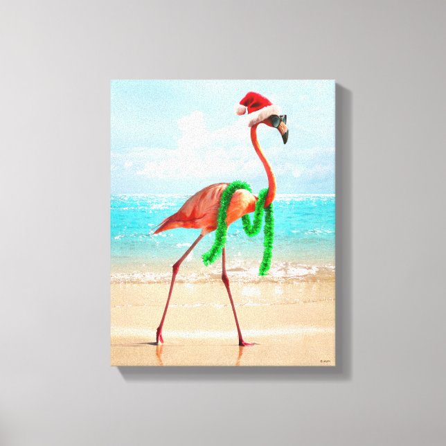 Weihnachts-Flamingo am Strand Leinwanddruck (Vorderseite)