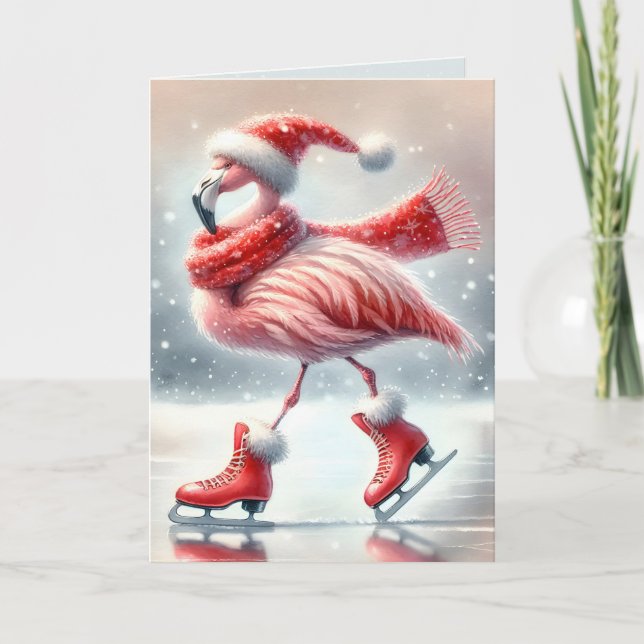 Weihnachts Flamingo Ice Skaten Karte (Vorderseite)