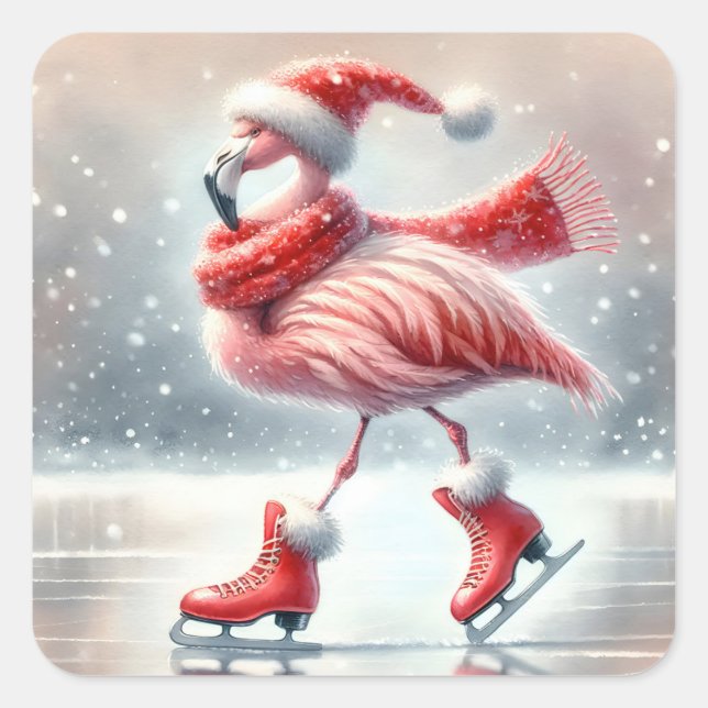 Weihnachts Flamingo Ice Skaten Quadratischer Aufkleber (Vorderseite)