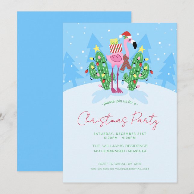 Weihnachts Flamingo mit Kaktus. Einladung (Vorne/Hinten)