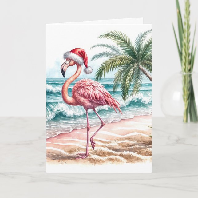 Weihnachts-Flamingo mit Santa Cap Karte (Vorderseite)