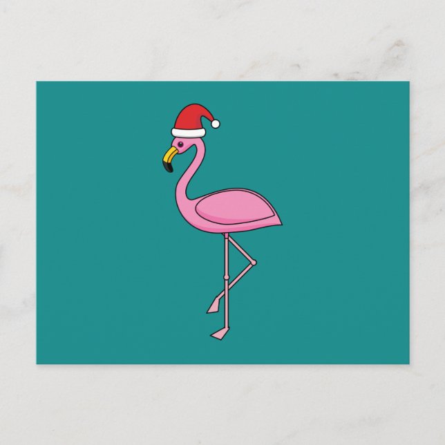 Weihnachts-Flamingo mit Weihnachtsmannmütze Feiertagspostkarte (Vorderseite)