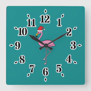 Weihnachts-Flamingo mit Weihnachtsmannmütze Quadratische Wanduhr