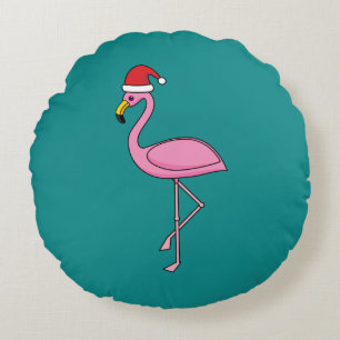 Weihnachts-Flamingo mit Weihnachtsmannmütze Rundes Kissen