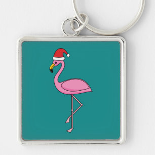 Weihnachts-Flamingo mit Weihnachtsmannmütze Schlüsselanhänger