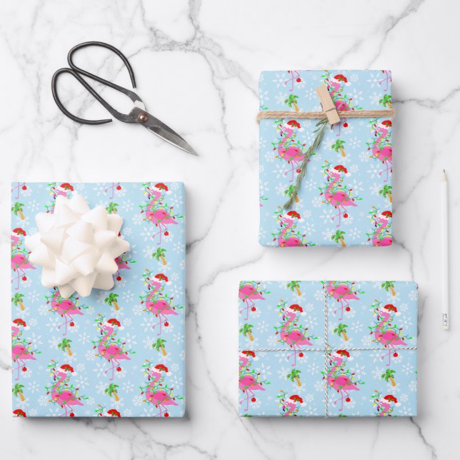 Weihnachts-Flamingo-Muster Blau Geschenkpapier Set (Vorderseite)