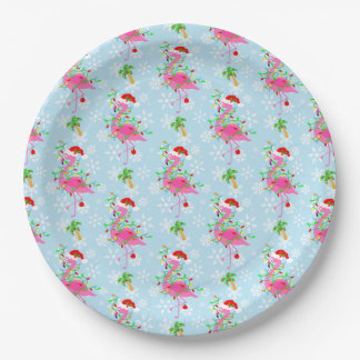 Weihnachts-Flamingo-Muster Blau Pappteller