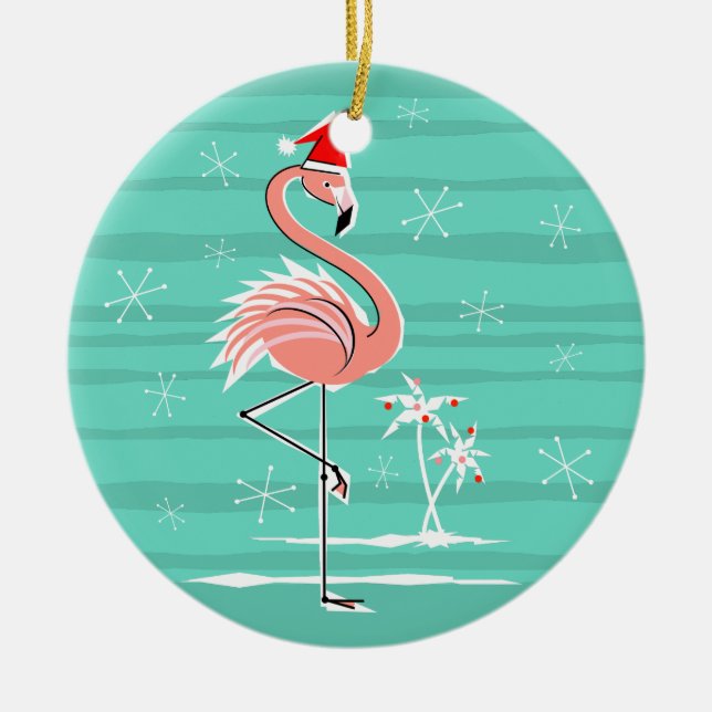 Weihnachts-Flamingo-Streifen-Ornament rund Keramik Ornament (Vorne)