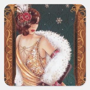 Weihnachts-Flapper-Girl in einem goldenen glitzern Quadratischer Aufkleber