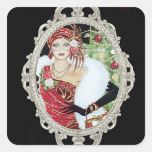 Weihnachts-Flapper-Girl in strahlendem rot-goldene Quadratischer Aufkleber
