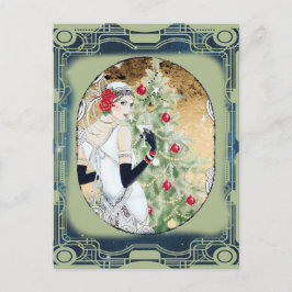 Weihnachts-Flapper-Girl mit Drink und Baum Postkarte