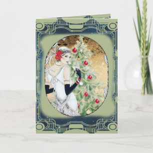 Weihnachts-Flapper-Girl mit Getränk und Baum Feiertagskarte