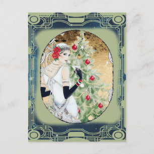 Weihnachts-Flapper-Girl mit Getränk und Baum Postkarte