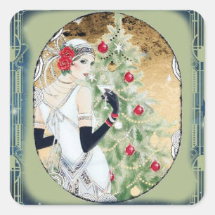 Weihnachts-Flapper-Girl mit Getränk und Baum Quadratischer Aufkleber