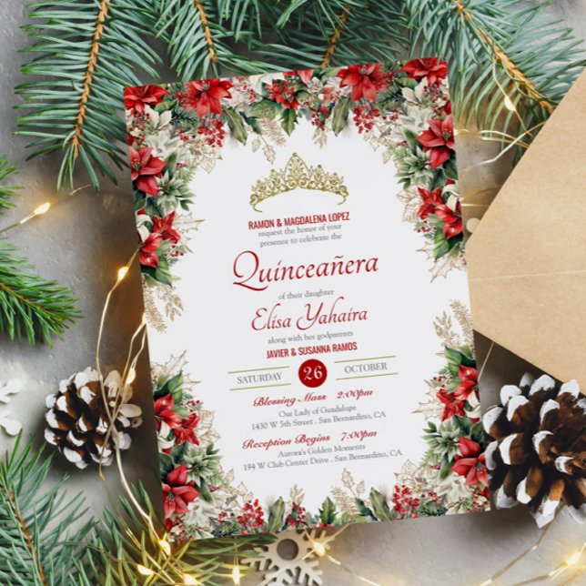 Weihnachts Flor de Pascua Roter Urlaub Quinceanera Einladung (Von Creator hochgeladen)