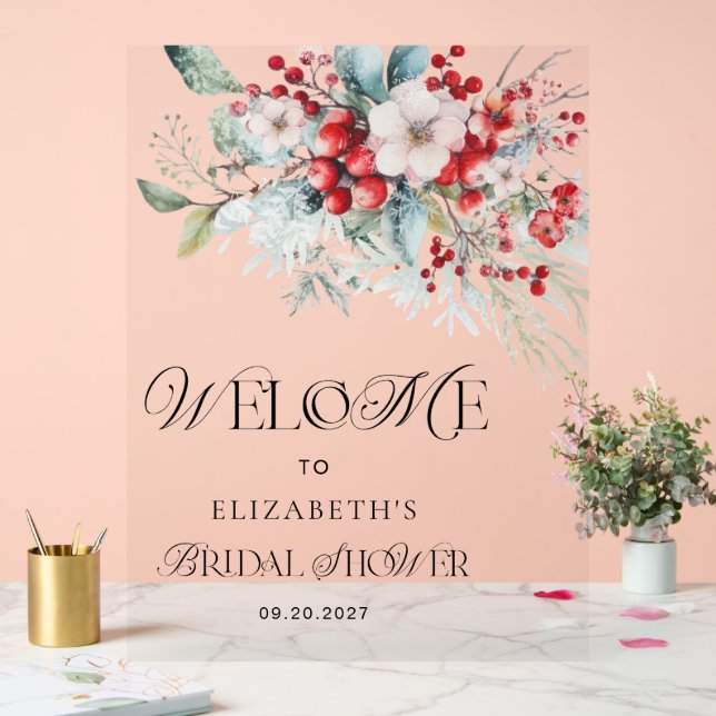 Weihnachts-Flora Elegantes Brautparty Willkommen Acrylschild (Hochzeit)