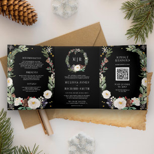 Weihnachts-Floral Monogram QR Code Black Wedding Dreifach Gefaltete Einladung