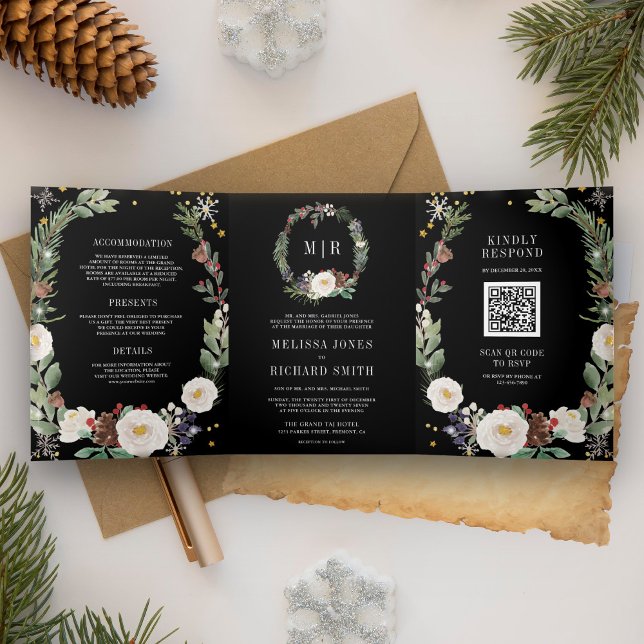 Weihnachts-Floral Monogram QR Code Black Wedding Dreifach Gefaltete Einladung (Von Creator hochgeladen)