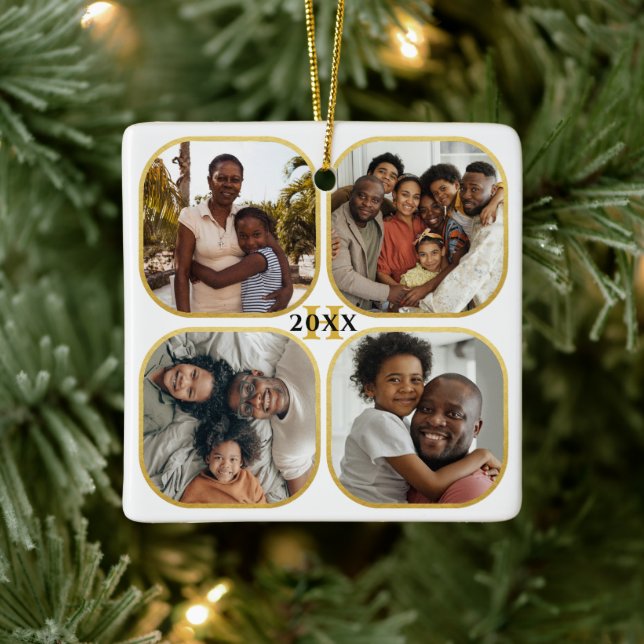 Weihnachts Foto Collage Monogram Gold White Keramikornament (Baum)