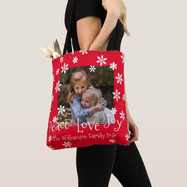 Weihnachts-Foto Datum Weißer Schneeflocken Rot Tasche (Von Nahem)