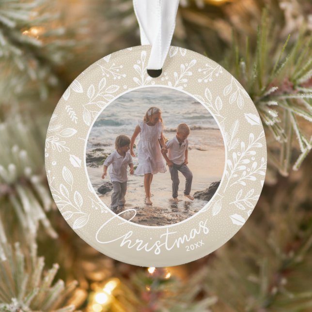 Weihnachts-Foto der Familie Elfenbeinakrylus Ornament (Baum)