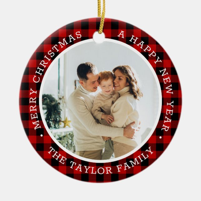 Weihnachts-Foto-Familie Rote Keramik Ornament (Vorne)
