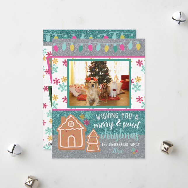 Weihnachts-Foto Gingerbret Snowflake Glitzer Feiertagskarte (Vorderseite/Rückseite Beispiel)