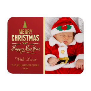Weihnachts-Foto Holiday Typografy Red Gold Magnet